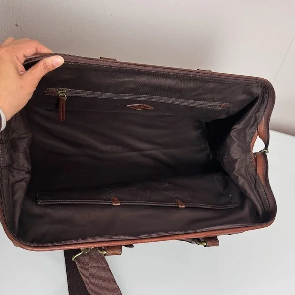 Fossil Mens Estate Brown/cognac Leather Weekender Travel Framed Duffle Bag - Picture 7 of 10